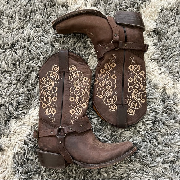Old Corral Brown Leather With Tan Floral Embroidery Cowboy Boots. Size 9.5T - Picture 5 of 14